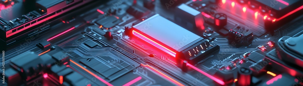 Poster close-up view of a modern circuit board with luminous red lights