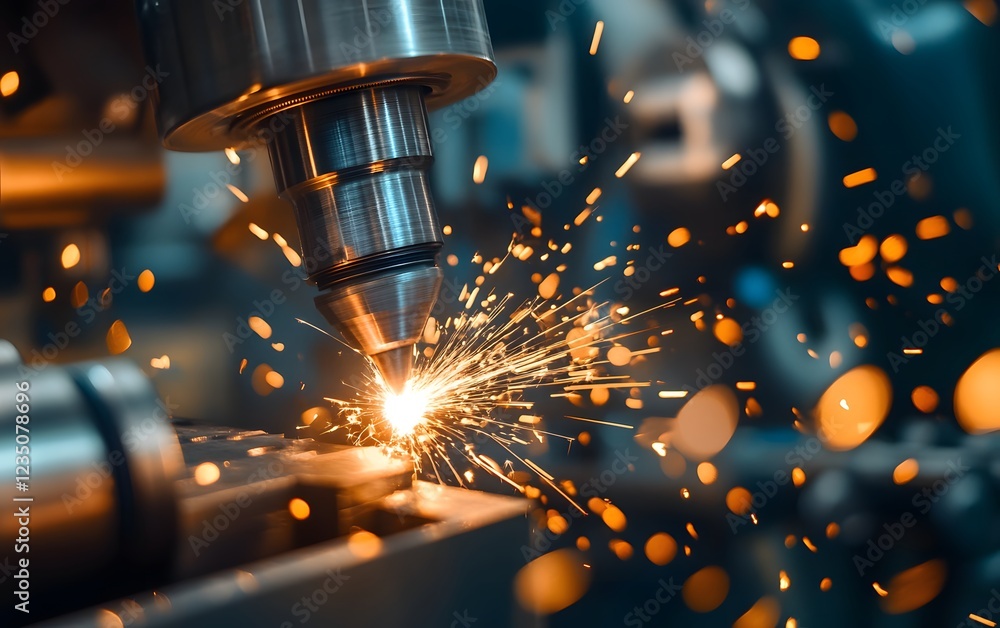 Poster close-up view of a welding machine in action, producing bright sparks in a dynamic industrial worksh