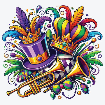 Mardi gras hats crown trumpet and drum vector design stock illustration