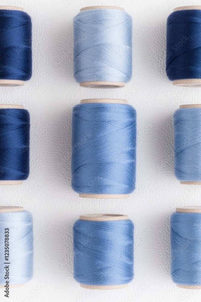 Poster flat lay of spools of thread in various shades of blue arranged neatly on white textured surface