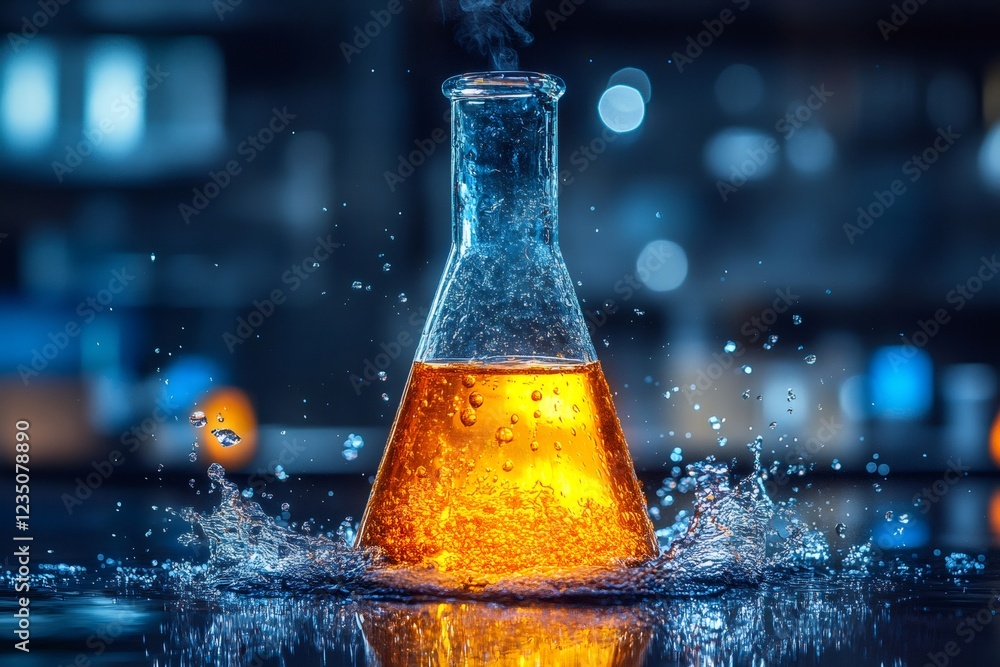 Aufkleber Chemical reaction creating bubbles in erlenmeyer flask with splashing water