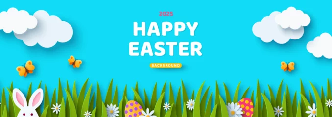 Gardinen Horizontal banner with paper cut clouds, rabbit, eggs and spring grass, blue sky background, papercut craft art. Place for text. Happy Easter day sale concept, voucher template, bunny ears © kotoffei