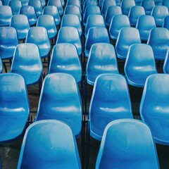 Obraz premium Blue plastic chairs in rows with metal legs on a matching blue background, showcasing repetition and simplicity in design.
