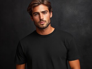 A young man in a black t-shirt poses against a dark background.