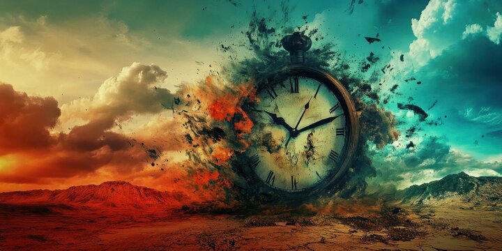 Surreal depiction of a clock exploding amidst a dramatic landscape, symbolizing the passage of time and its impact on reality.
