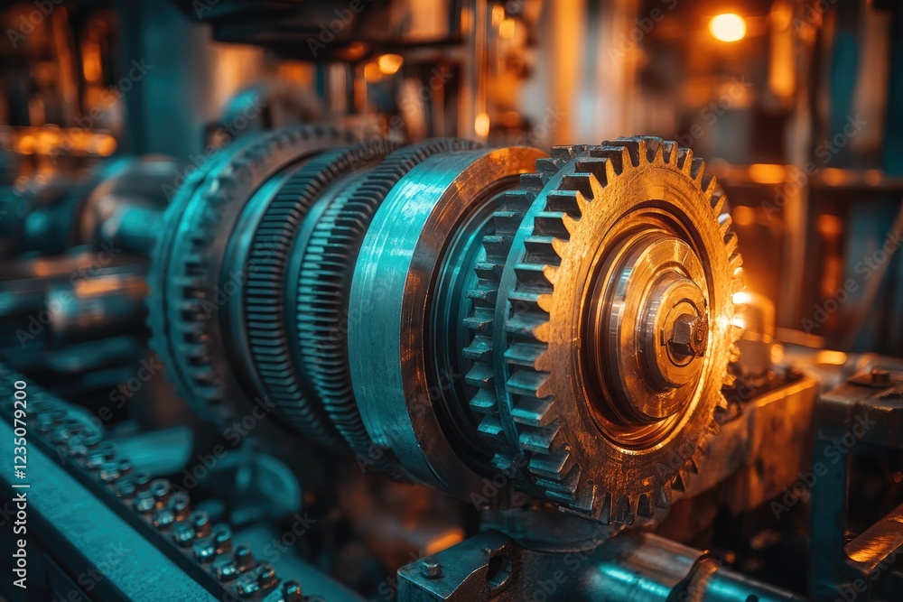Poster close up of industrial gears rotating in a factory setting