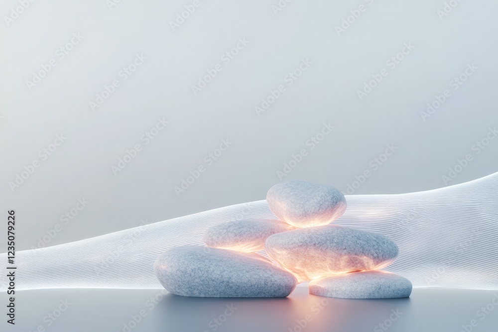 Poster futuristic composition of decorative stones glowing with internal light surrounded by abstract lines
