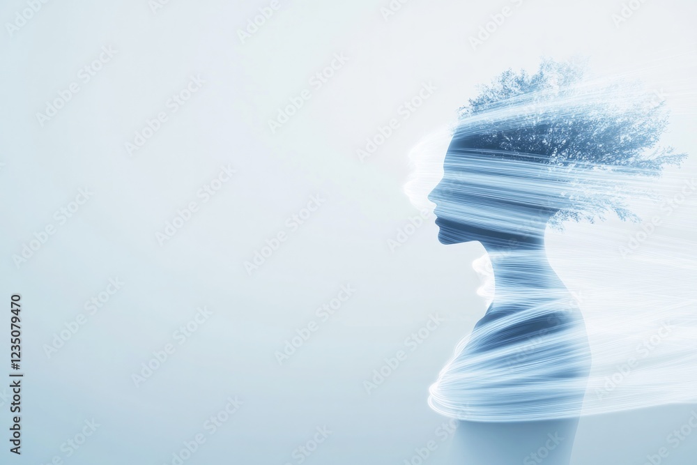 Poster futuristic concept of figure in tree pose with abstract light trails creating sense of energy and fl