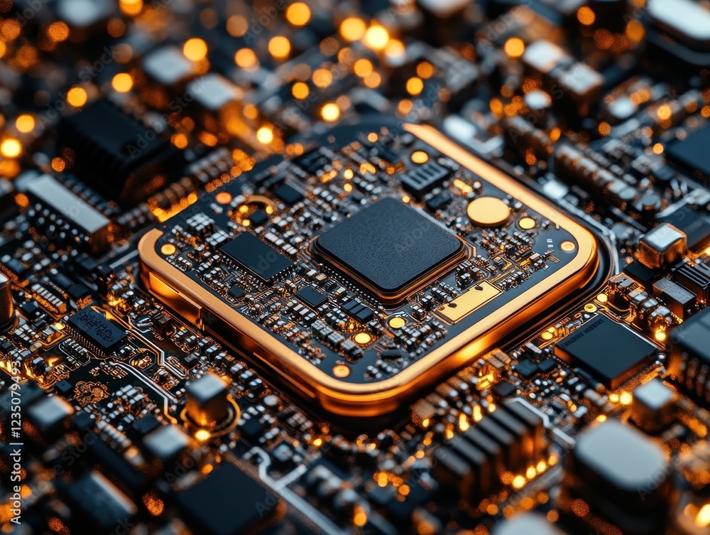 Poster close-up of a circuit board with intricate components and glowing elements.