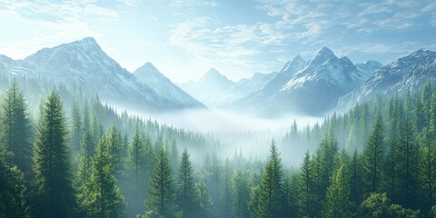 Majestic mountain landscape with forest and mist in morning