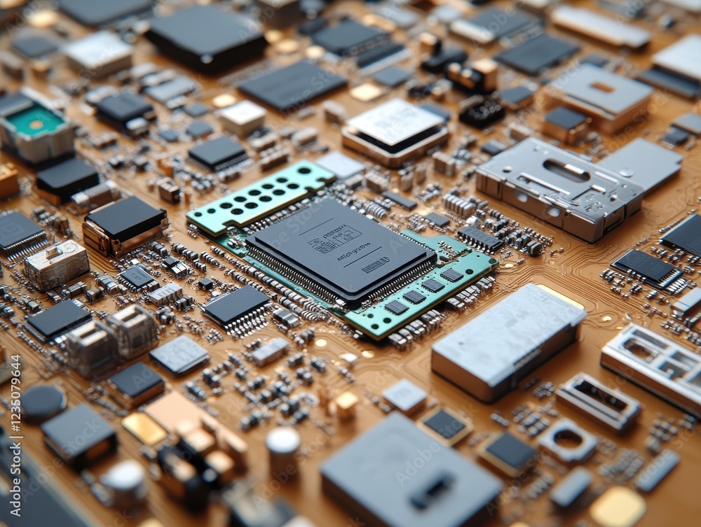 Poster close-up of a complex circuit board with various electronic components.