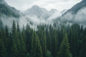 Obraz premium Majestic forest landscape with misty mountains in morning light