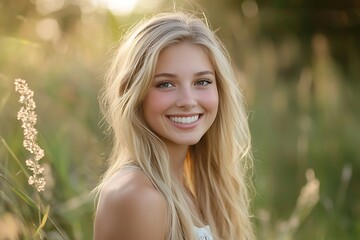 Naklejka premium Portrait a smiling beautiful blonde woman with long