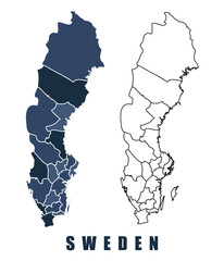 Sweden map regions border outline vector set
