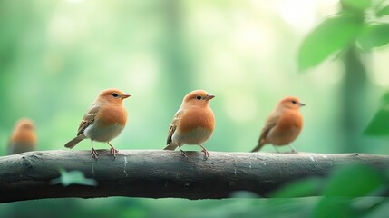 group of birds perched on log in tranquil forest surrounded by green foliage