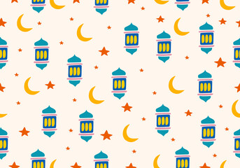 illustration of Ramadan Kareem featuring a mosque, lanterns, the moon, and stars.