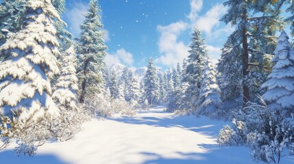 Fototapeta premium Snowy forest path, winter landscape, mountains background, idyllic scene