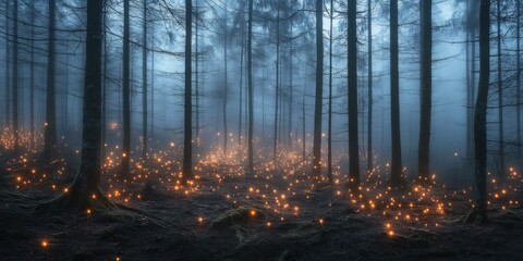 Fototapeta premium Mysterious forest illuminated by glowing lights, perfect for fantasy themes, nature promotions, and seasonal campaigns.