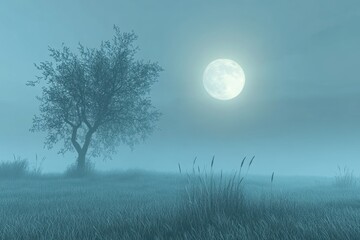 Serene moonlit landscape with a tree in a misty field at night