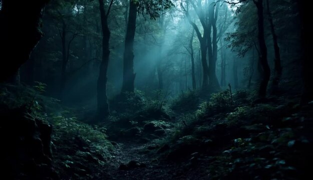 Fondo de interior de un bosque oscuro y precioso. Travelling hacia adelante