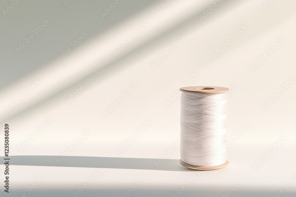 Aufkleber minimalist composition of single spool of thread casting long shadow on smooth white surface under d