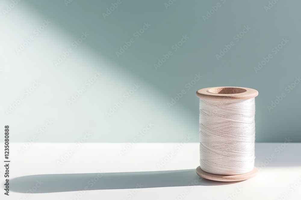 Poster minimalist composition of single spool of thread casting long shadow on smooth white surface under d