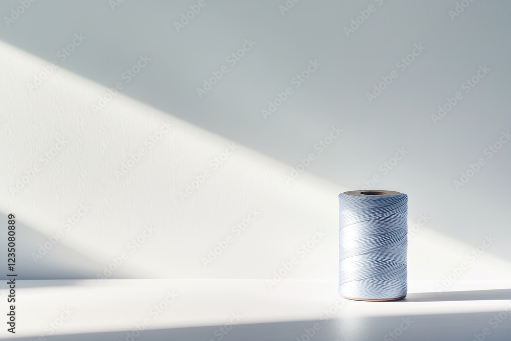 Aufkleber minimalist composition of single spool of thread casting long shadow on smooth white surface under d