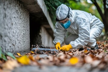Scientist in protective suit examining dead rodents in city park