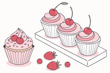 Photorealistic cupcakes, soft pink frosting, fresh fruit toppings, cherries and strawberries, pastel cupcake liners, white background, studio lighting, high detail, food photography, appetizing, sweet