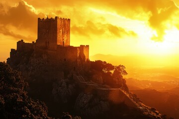 Obraz premium Majestic castle illuminated by sunset on a hilltop with dramatic clouds in the sky
