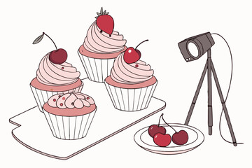 Photorealistic cupcakes, soft pink frosting, fresh fruit toppings, cherries and strawberries, pastel cupcake liners, white background, studio lighting, high detail, food photography, appetizing, sweet