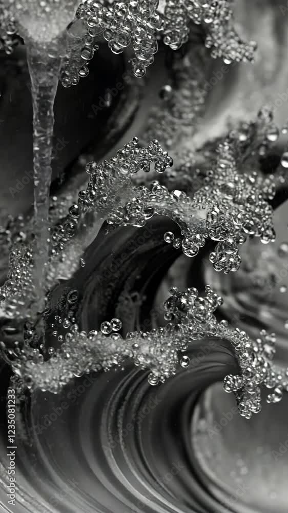Poster bubbles and swirling patterns create a mesmerizing abstract composition in black and white