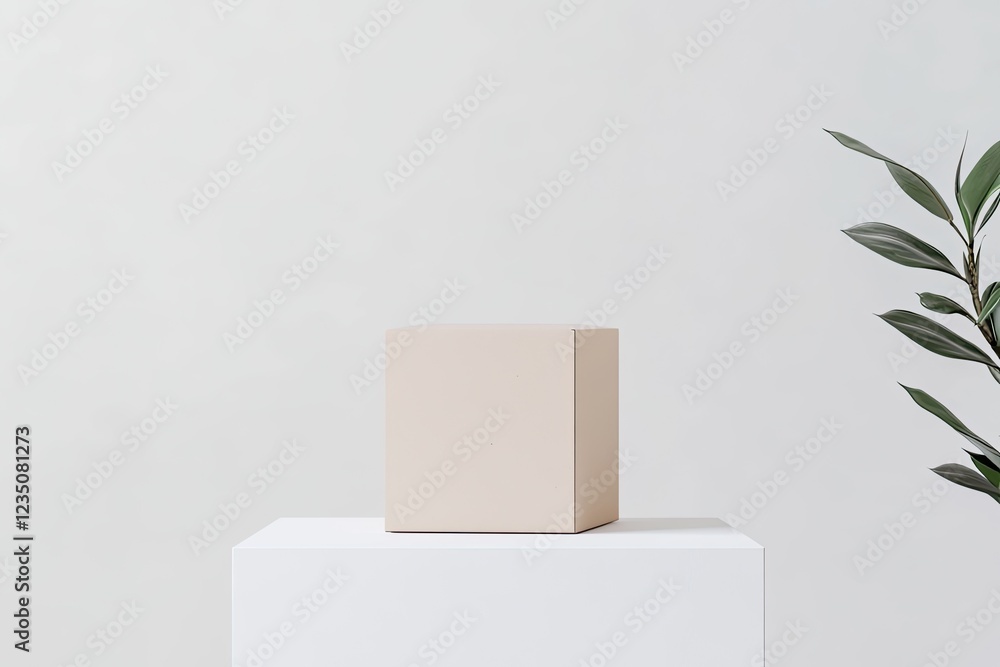 Aufkleber minimalistic depiction of square cardboard box with matte finish centered on bright white surface wi