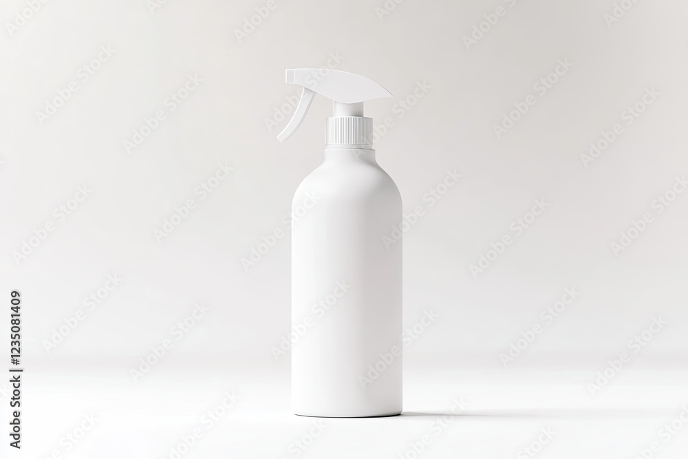 Poster minimalistic design of matte white spray bottle displayed on bright white background with soft diffu