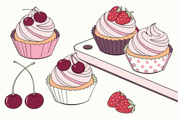 Photorealistic cupcakes, soft pink frosting, fresh fruit toppings, cherries and strawberries, pastel cupcake liners, white background, studio lighting, high detail, food photography, appetizing, sweet
