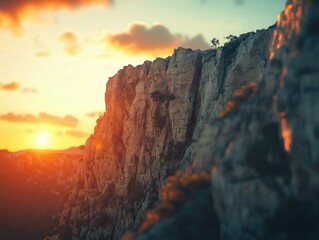 Majestic cliffs illuminated by colorful sunset over valley