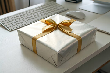A beautifully wrapped gift box with a golden ribbon, placed on a modern workspace, suggesting celebration and joy.