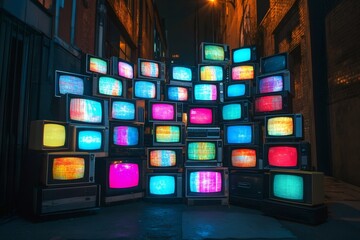 Stack of vintage televisions displaying colorful static noise in dark alley at night
