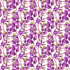 Seamless bright pattern of purple and reddish leaves, wavy branches and yellow flowers. Beautiful watercolor design on a white background.