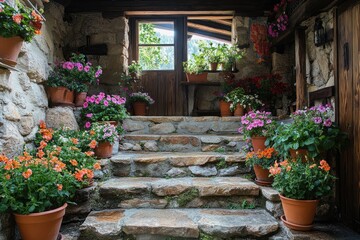 Fototapeta premium Stone staircase adorned with colorful potted flowers leading to rustic wooden door