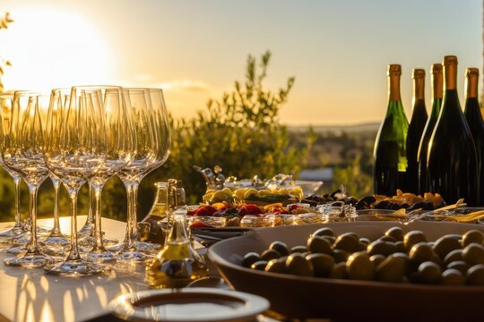 Wine tasting event with buffet of olives, vegetables and bottles during sunset - Powered by Adobe