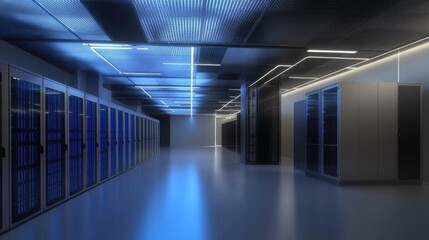 Fototapeta premium Modern data center with illuminated blue server racks, reflective floors, and intricate ceiling designs, creating a sleek and high-tech environment. Perfect for technology, IT infrastructure