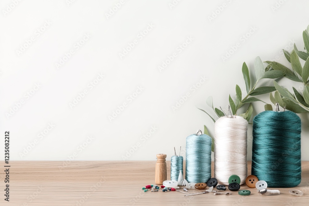 Aufkleber neatly organized sewing kit including threads needles and buttons displayed on wooden table with nat