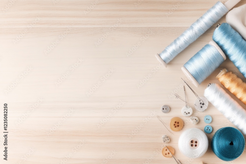 Aufkleber neatly organized sewing kit including threads needles and buttons displayed on wooden table with nat