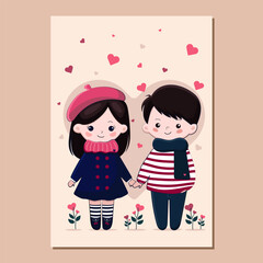  sweet couple on the beige background with many hearts in flat cute style. vector card with lovely couple