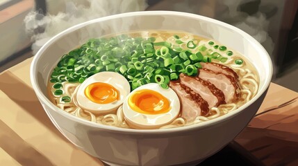 Steaming ramen bowl, eggs, pork, scallions, wooden table, sunlight