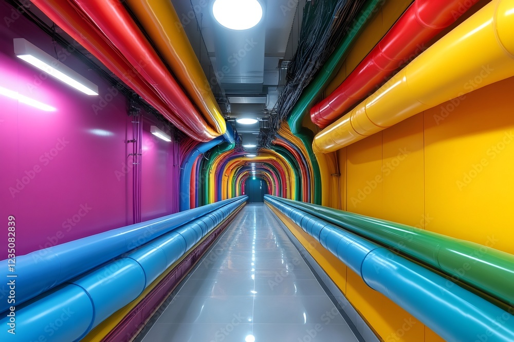Poster colorful pipes creating a tunnel in modern building