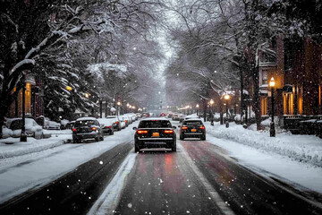 Night City Street Scene During Heavy Snowfall