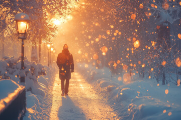 Fototapeta premium Person Walking Snowy Path at Sunset, Golden Hour Light, Snowflak