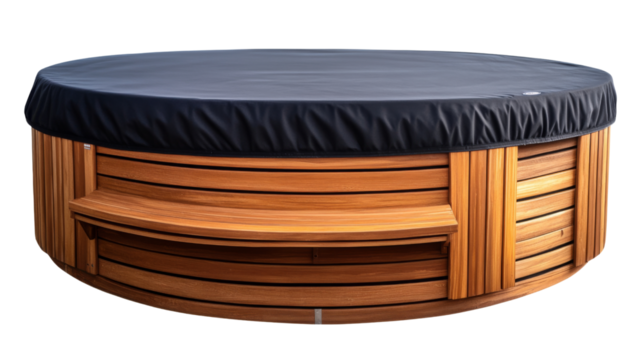 Round wooden hot tub with cover and integrated bench on transparent background